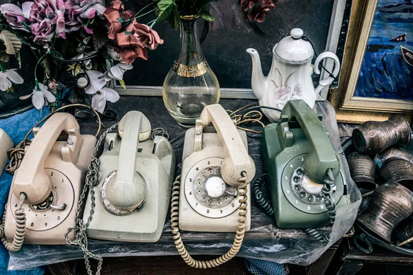 Antique Rare Wired Telephones Ceramic Teapot Vase Coppers Other Retro — Stock Photo, Image