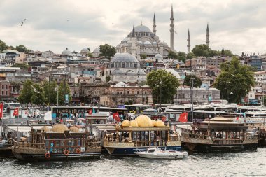 İstanbul / Türkiye - Temmuz 2020: Tarihi eminn bölgesi pazarı ve İstanbul 'un sembollerinden biri olan ve arkasında Süleyman Camii bulunan balıkçıları.