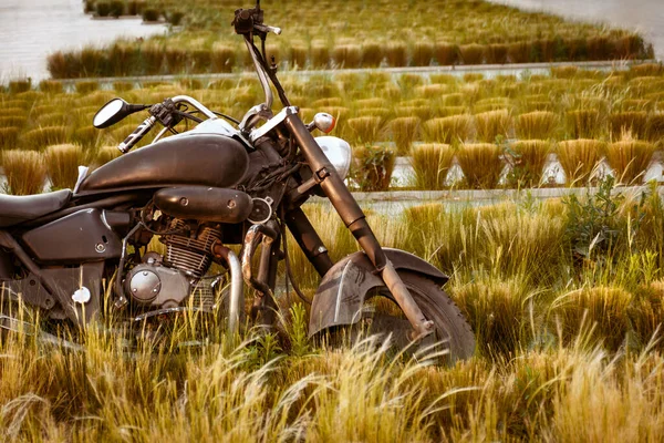 Una Vieja Motocicleta Negra Estacionada Afuera Una Hierba Verde — Foto de Stock