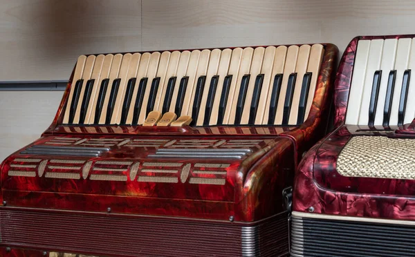 Klasik eski akordeonlara yakından bakmak, klavye körüğü müzik aleti. Klasik beyaz-siyah klavye.