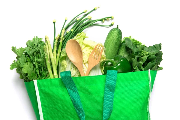 Primer Plano Bolsa Comestibles Verdes Verduras Verdes Orgánicas Mixtas Blanco —  Fotos de Stock
