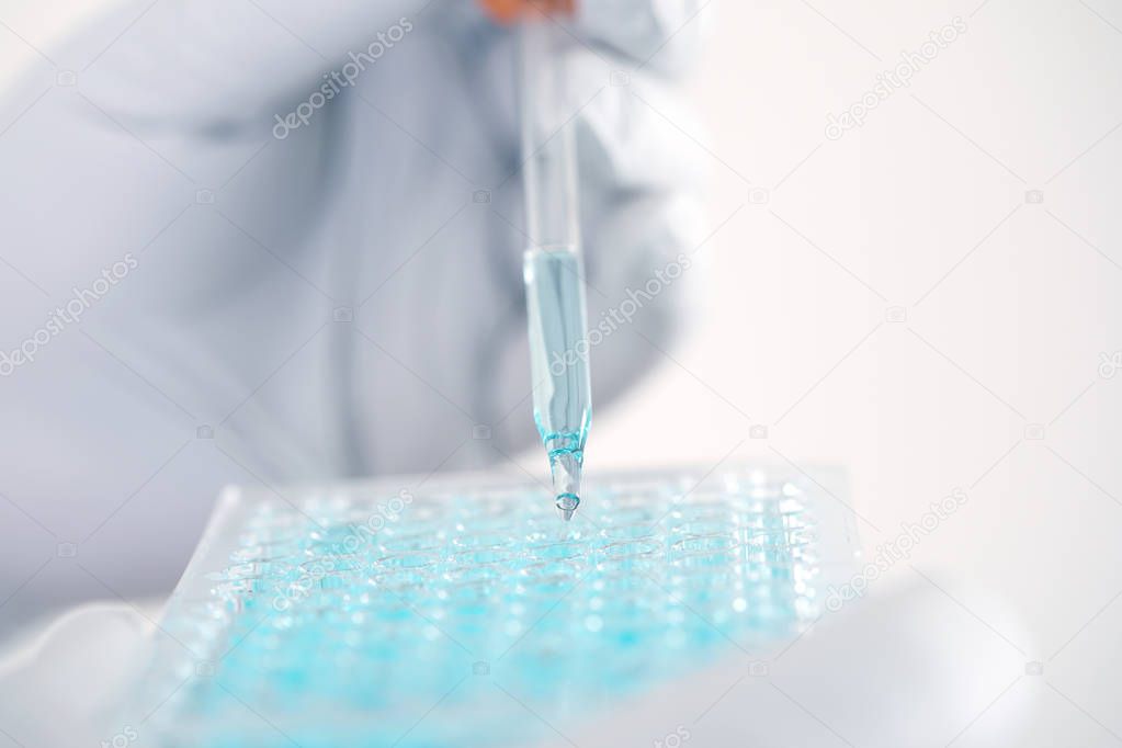 Close up a scientist working in laboratory to analyze blue extracted of DNA  molecules in micro tube plate , clinical or science testing analysis concept