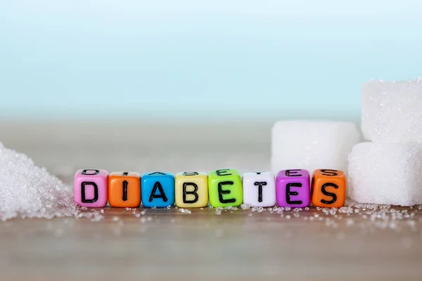 White Sugar Cube Colorful Alphabet Block Diabetes Word Wooden Table — Stock Photo, Image