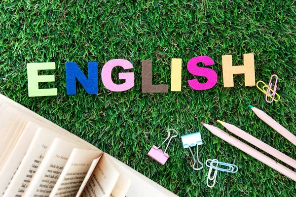 Barevná kostka anglického slova na pozadí zeleného trávníku, EN — Stock fotografie