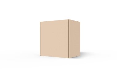 Beyaz arkaplanda 3D Karton Kutu Tasarımı. Beyaz arkaplanda 3 boyutlu çizim izole edildi. Gölgeli boş Kraft Karton Kutu Mockup. 3B Görüntü.