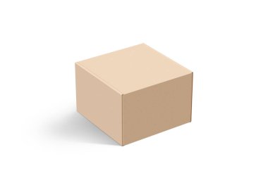 Beyaz arkaplanda 3D Karton Kutu Tasarımı. Beyaz arkaplanda 3 boyutlu çizim izole edildi. Gölgeli boş Kraft Karton Kutu Mockup. 3B Görüntü.