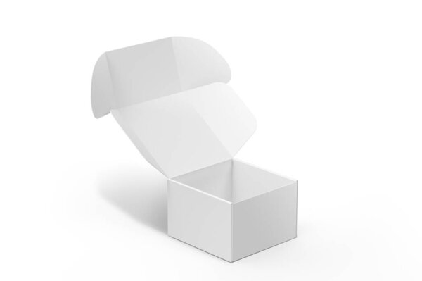 3d Отображение бумажной коробки на белом фоне. 3D иллюстрация выделена на белом фоне. Пустая бумажная коробка-макет с тенью. 3D-моделирование.