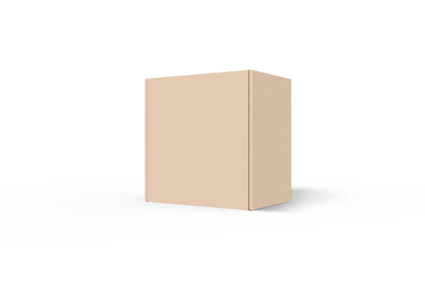 3d Рендер картонной коробки на белом фоне. 3D иллюстрация выделена на белом фоне. Макет пустой бумажной коробки Крафта с тенью. 3D-моделирование.
