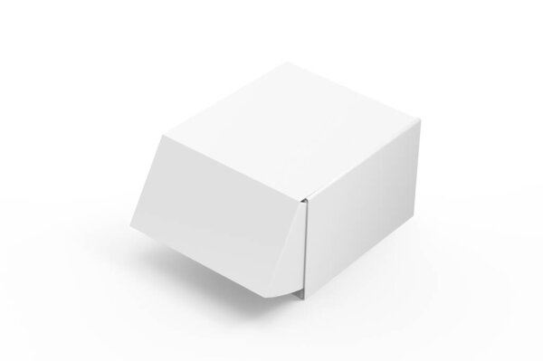3d Отображение бумажной коробки на белом фоне. 3D иллюстрация выделена на белом фоне. Пустая бумажная коробка-макет с тенью. 3D-инсталляция. 3D рендеринг.