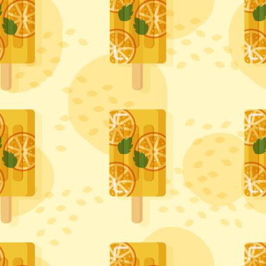 Yaz tatilinin kusursuz desenli tasarımı turuncu dondurma renkli vektör çizimi, kumaş, arkaplan, duvar kağıdı, ambalaj kağıdı, tişört ve giysi baskısı. Turuncu ve yapraklar