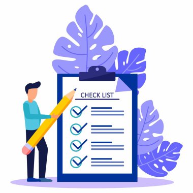 Olumlu bir iş adamı kara tahtadaki bir listeyle belirtilmiş yönü gösterir. İş ödevi başarıyla tamamlandı. Düz vektör illüstrasyonu.