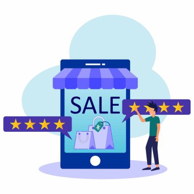 Vektör illüstrasyonu, düz stil, çevrimiçi alışveriş, yıldız puanı, telefon, iş konsepti, çevrimiçi dükkan, satın alma ve satma.