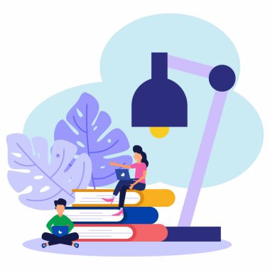 Eğitici vektör illüstrasyonu. Öğrenciler uzaktan eğitim alırlar. Kitaptaki grafik unsuru dizüstü bilgisayarı olan genç bir kadın. Posterler, broşürler, kartlar, web pankartları için şık bir tasarım.
