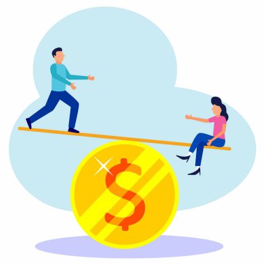 Madeni paraları salıncak olarak kullanan ve bunu aşan 2 girişimcinin vektör çizimi, aşırı kilolu, değerli, satın alma konsepti.