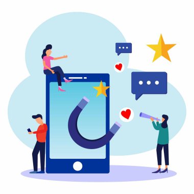 İlginç mesajların, beğenilerin, iyi eleştirilerin, reytinglerin büyük manyetik vektör illüstrasyonu. Erkekler ve kadınlar büyük cep telefonları etrafında.