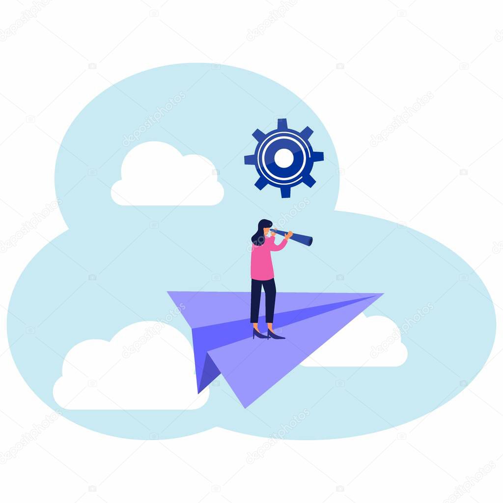Vector illustration, the concept of achieving a goal, a woman climbs on a paper airplane, flies between clouds and watches from above.