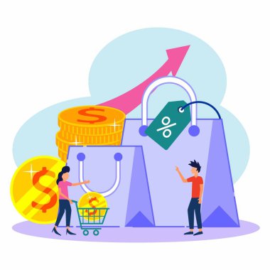 Vektör illüstrasyonları, daire stili, alışveriş, fiyat indirimleri, tasarruflar, iş konseptleri, çevrimiçi mağazalar, satın alma ve satma.