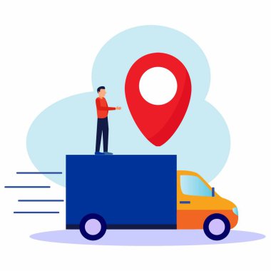 GPS sistemi, kartografik ekran, şehir haritasındaki konum navigasyon yardımı ile adam, arabaya asfalt yol - vektör.