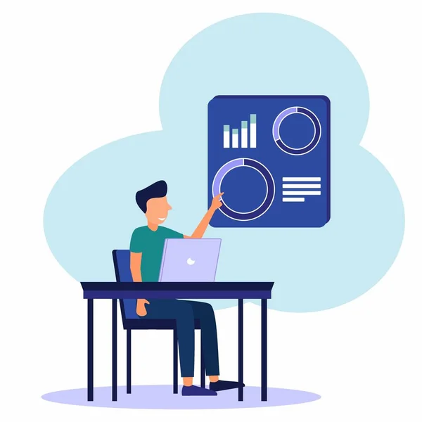 Ilustração Vetorial Conceito Negócio Trabalhador Escritório Estudando Infográficos Análise Escala — Vetor de Stock