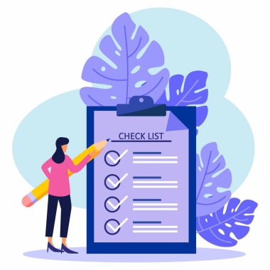 Olumlu bir iş kadını beyaz tahta kağıdında işaretli bir listeyi işaret ediyor. İş atamalarını başarıyla tamamladı. Düz vektör illüstrasyonu.