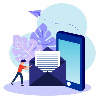 Vektör illüstrasyonu, akıllı telefon içindeki harfleri içeren zarf, harfler, sıralama, web sayfaları veya web sayfası başlıkları için mobil servis düzeni.