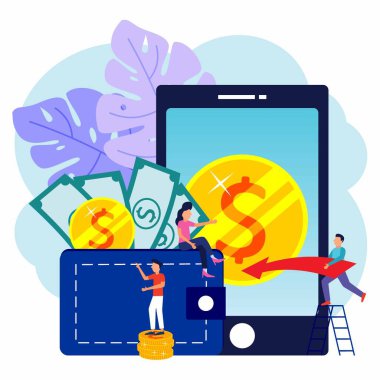 İş konsept vektörleri, finansal işlemler, nakit olmayan ödeme işlemleri. Posta terminalleri ve ödeme sistemleri, para birimleri, sikkeler, çevrimiçi ödeme sistemleri, para transferleri.