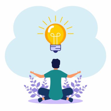 Vektör illüstrasyon, meditasyon konsepti, beden, zihin ve sakinlik için sağlık faydaları, düşünce süreçleri, iş fikirleri başlatma ve arama.