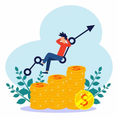 Vektör illüstrasyon, yatırım yönetimi, iş adamları sıfırdan şirketler kuruyor ve nakit para yatırıyor, başarıya doğru kariyer büyümesi, düz renk ikonları, iş analizleri.