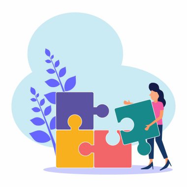 Vektör çizimi, başarılı bir iş kadını, bulmaca ayrıntılarını alıyor, düzenliyor ve eşleştiriyor. İş konsepti.