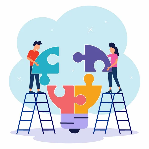 Puzzle Vector Work Team Idea Teamwork Building Cartoon Creative Illustration — стоковый вектор