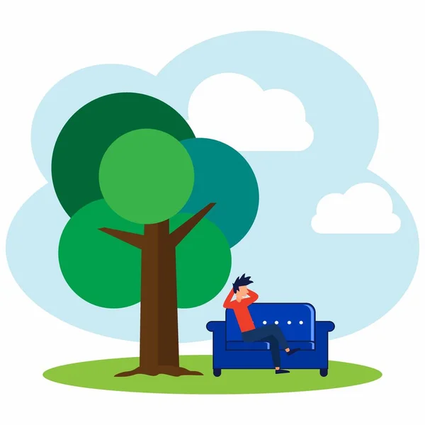 Vektorová Ilustrace Relaxace Jaře Modrým Pozadím Mladý Muž Odpočívající Zahradním — Stockový vektor
