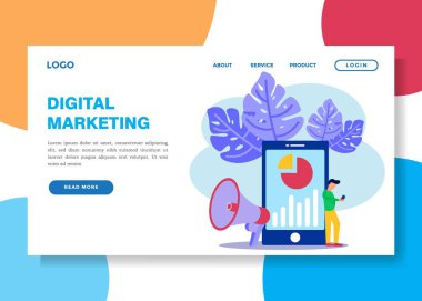 Dijital iş kuran bir girişimcinin vektör çizimi. Web sitesi olan mobil ekran. Gelir, çevrimiçi iş promosyonu, işten ayrılma, fikirler.