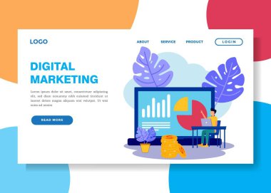 Dijital iş kuran bir girişimcinin vektör çizimi. Web sitesi olan mobil ekran. Gelir, çevrimiçi iş promosyonu, işten ayrılma, fikirler.