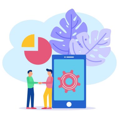 İnternette iş kuran bir işadamının vektör çizimi. Web sitesi olan mobil ekran. Başarılı girişimciler, çevrimiçi iş tanıtımı, sıralamalar işten çıkarıldı.