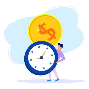 Genç iş adamları işlerinde başarılı olmak için büyük saatler ve madeni paralar kullanıyorlar. Finansal kavramlar, zaman yönetimi. Düz vektör illüstrasyonu.