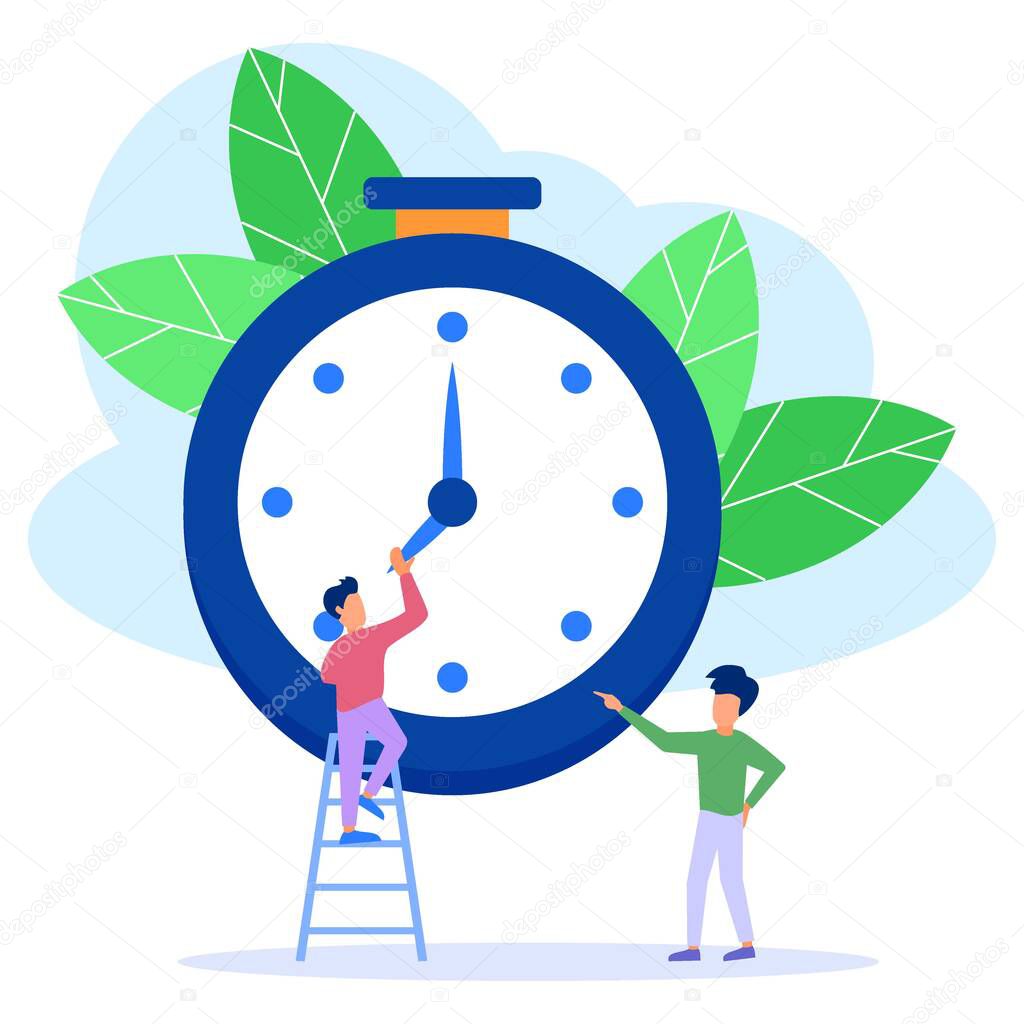 Vector illustration, set an alarm clock, time management concept, start work, work team, transfer time back.