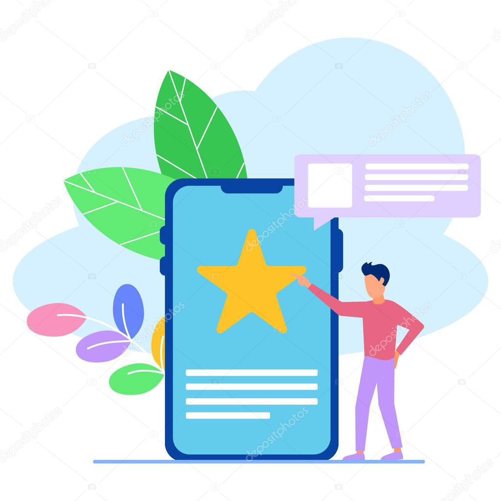 Vector illustration, young man up the stairs pressing the star menu, customer review ratings, different people giving ratings and feedback ratings, support for business satisfaction levels.