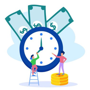 Girişimciler merdivenleri tırmanır, saatlerini ayarlar, zamanı ayarlar ve işlerinde başarılı olurlar. Finansal kavramlar, zaman yönetimi. Düz vektör illüstrasyonu.