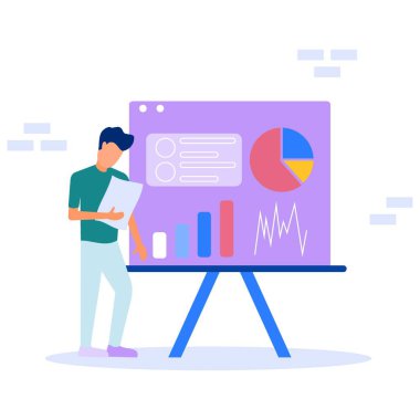 Genç girişimciler bir tablonun yanında durup çizelge ve diyagramlara işaret ediyorlar. Yaratıcı iş konsepti. Güvenilir bir iş adamı. Modern vektör çizimi. Düz tasarım.