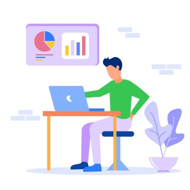 Vektör çizimi. Ofis çalışanları odadaki görevleri tamamlıyorlar. Örnek bir çalışan. Ofisin içi rahattır. Şirket iş analizi.