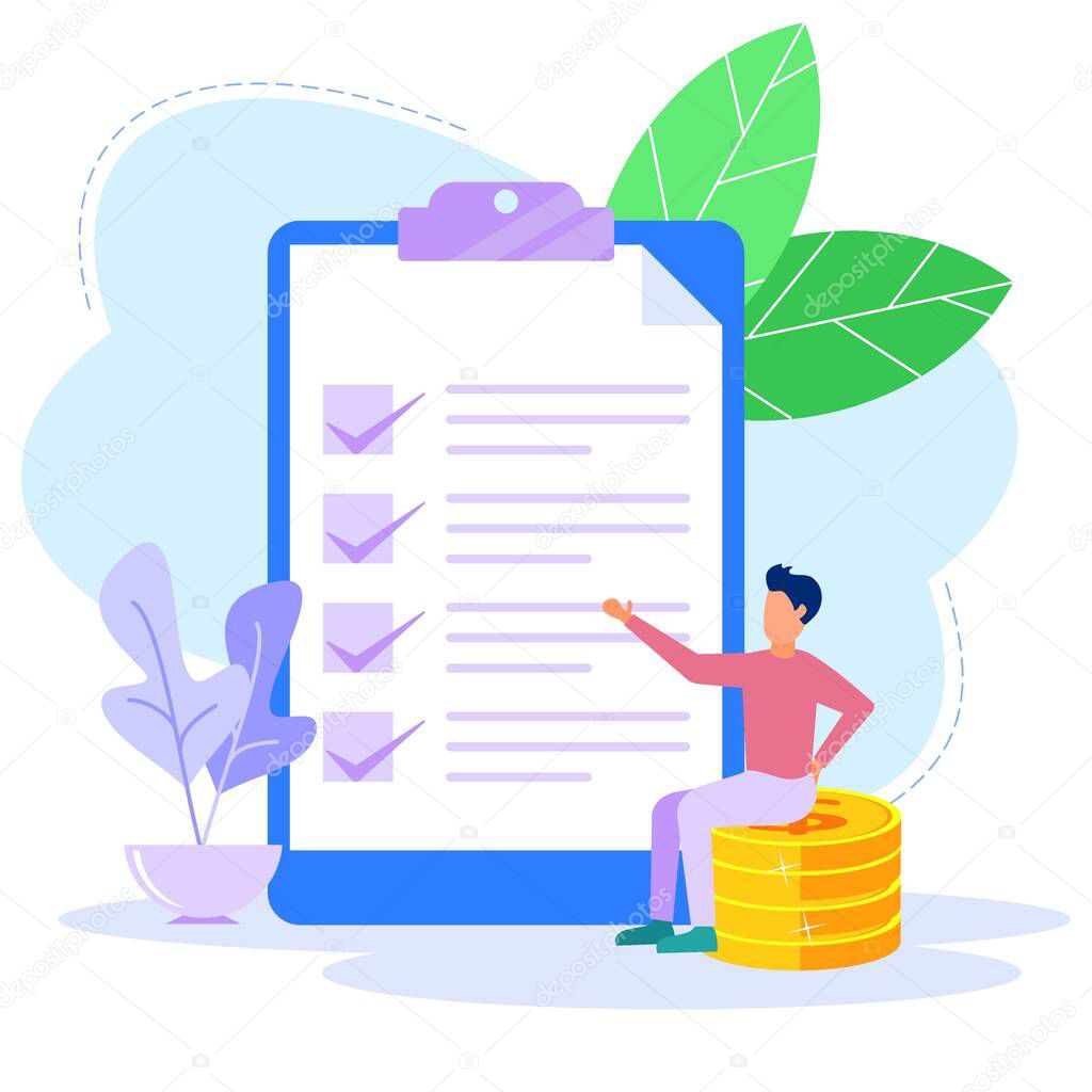 A businessman points in the direction indicated by a checklist on the blackboard. Successfully completed business assignment. Flat vector illustration.