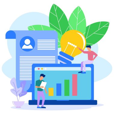 İş konseptinin vektör illüstrasyonu. Şirket iş büyümesi, kalitenin yükseltilmesi, performans, adam toplama, fikir arama.