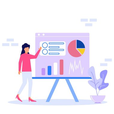 Genç girişimciler bir tablonun yanında durup çizelge ve diyagramlara işaret ediyorlar. Yaratıcı iş konsepti. Güvenilir iş kadınları. Modern vektör çizimi. Düz tasarım.