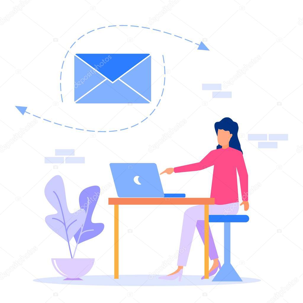 Vector illustration of young woman sitting on a chair and table, sending / receiving letters, sorting, web mail or mobile service layout for website titles.