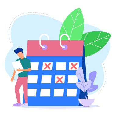 Modern vektör çizimi. Genç girişimciler listeleri görüntüler ve bir tablette çevrimiçi programlar oluştururlar. Grafik tasarımı iş programlama görevleri.