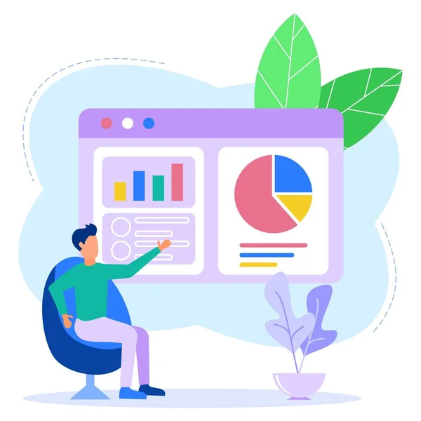 Empresario Sienta Lado Del Rotafolio Mira Los Gráficos Diagramas Concepto — Archivo Imágenes Vectoriales