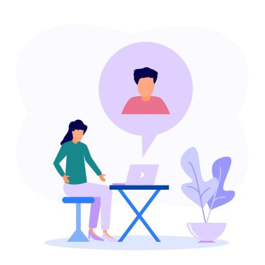 Çevrimiçi şehirler arası iş görüşmesi konseptinin vektör çizimi. Merkez ofis, bir şirket meslektaşıyla internet konferansı..