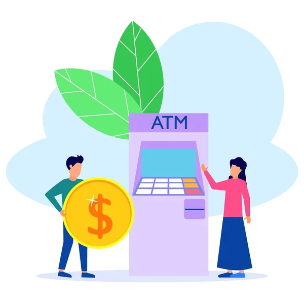 Moderne Konzeptvektorillustration Junge Männer Und Frauen Heben Geldautomaten Geld Verwalten — Stockvektor