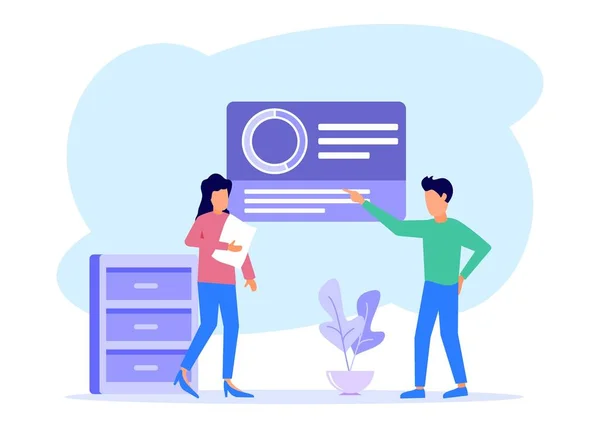 Деловые Векторные Иллюстрации Деловые Люди Участвующие Совместной Работе Анализу Инфографики — стоковый вектор