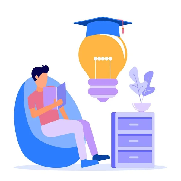 Ilustración Vectorial Del Concepto Educativo Joven Sentado Leyendo Libro Habitación — Vector de stock